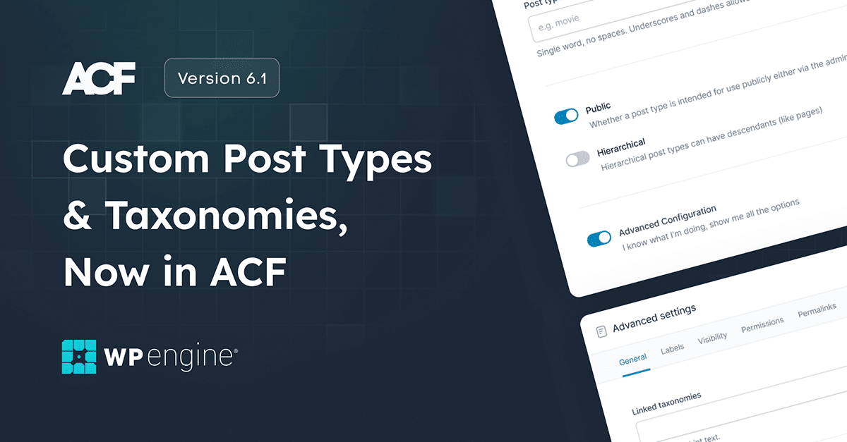 Im großen Update können Benutzer mit Advanced Custom Fields 6.1 benutzerdefinierte Beitragstypen und benutzerdefinierte Taxonomien registrieren