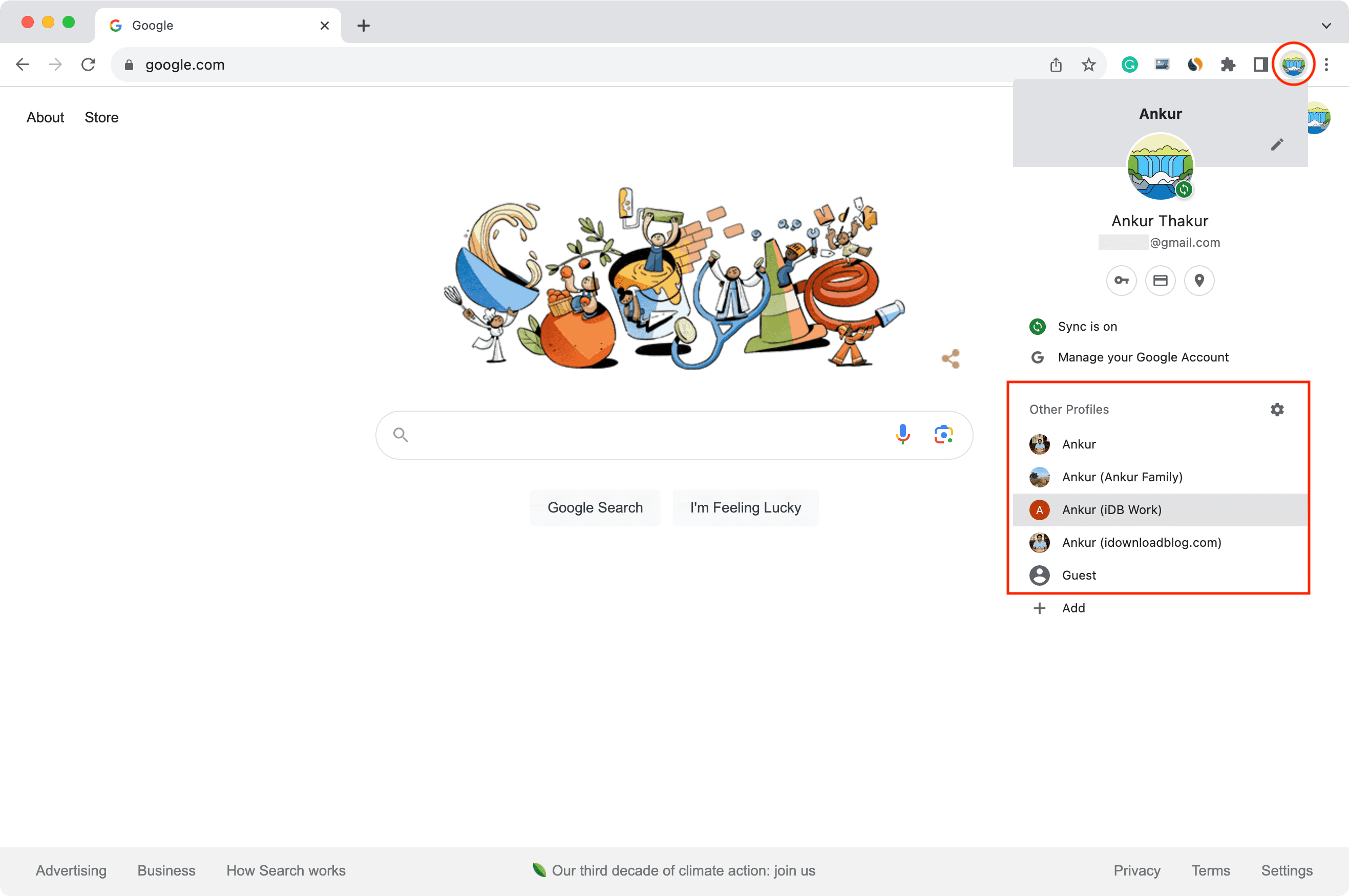 Klicken Sie auf das obere Profilbild, um das Profil in Chrome zu wechseln