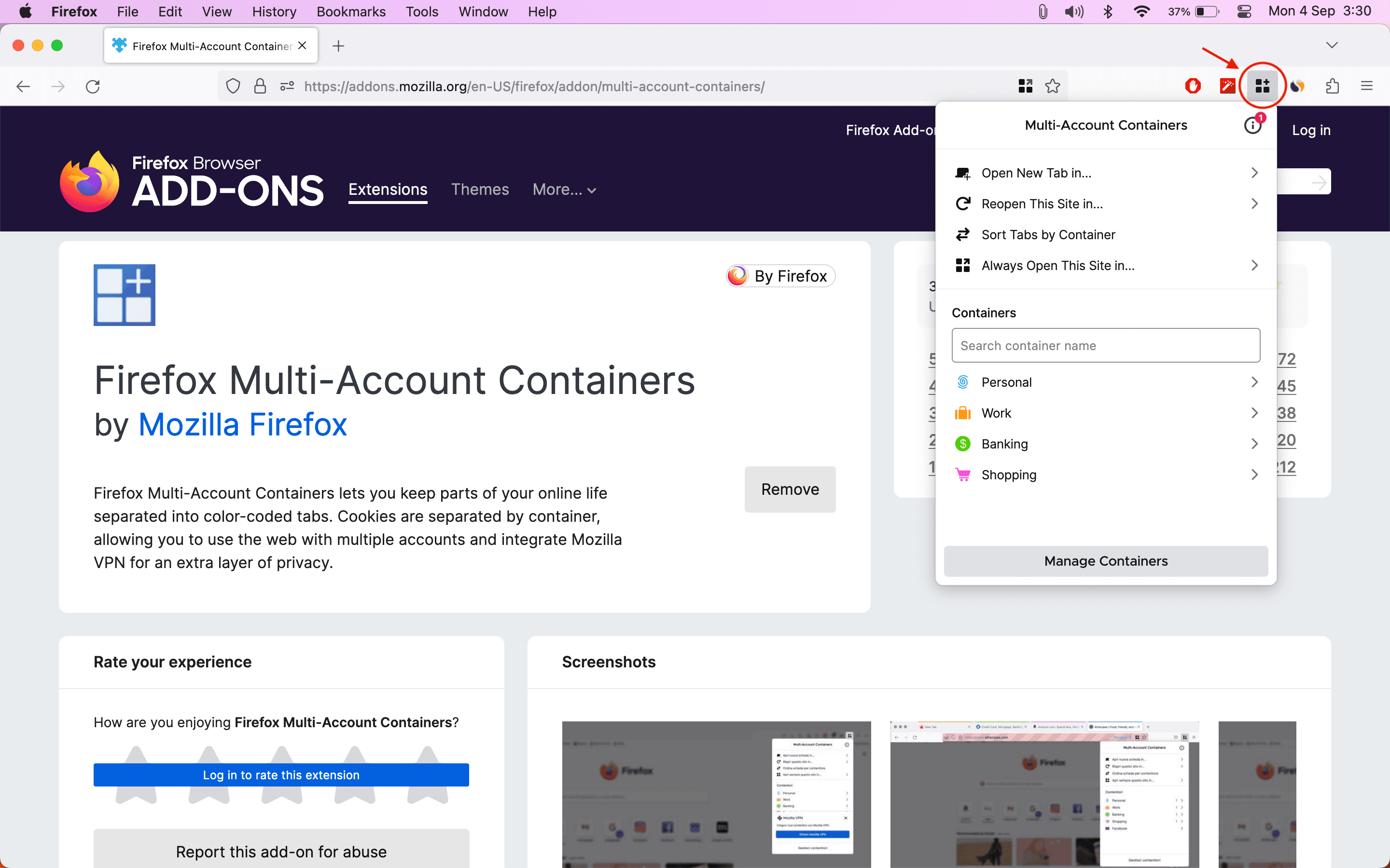 Vier Container in Firefox auf dem Mac