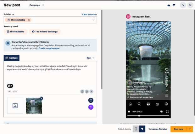 Neuer Instagram-Reel-Beitrag auf Hootsuite mit OwlyWriter AI