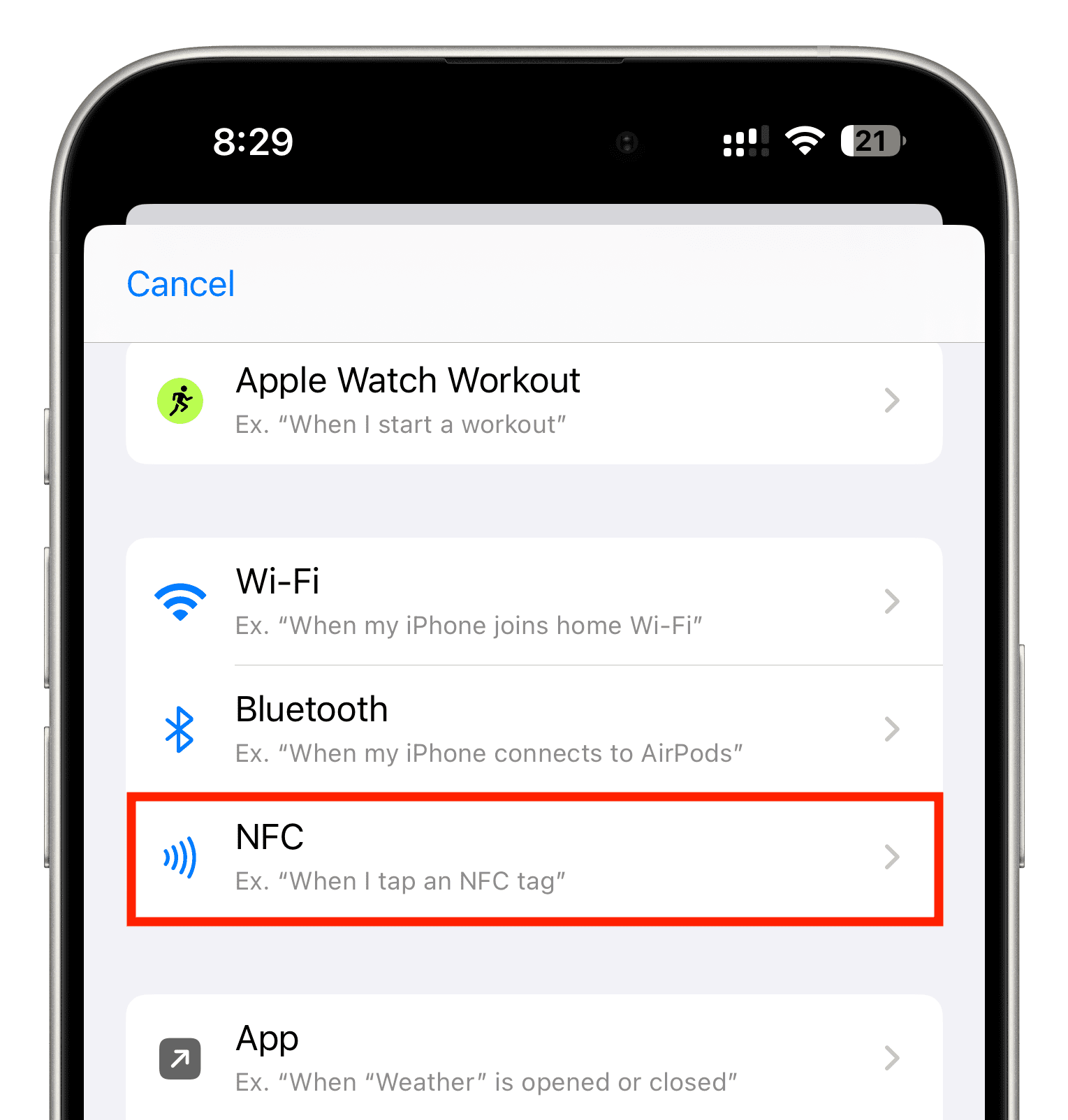 NFC-Option in der Automatisierung der Shortcuts-App