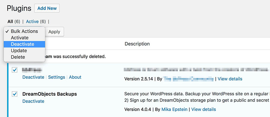 Plugins-Bildschirm, Deavtivate-Option
