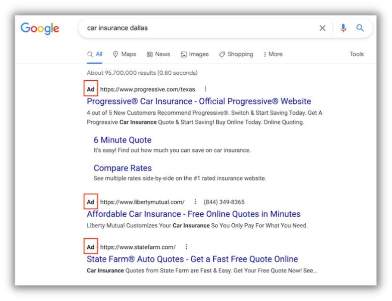 SEO vs. SEM – Screenshot der Google-Ergebnisse mit Anzeigen