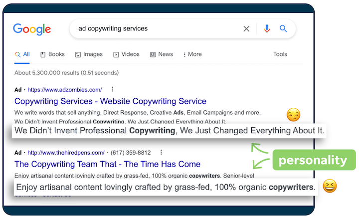 SEO vs. SEM – Screenshot der Google-Ergebnisse mit kreativem Anzeigentext