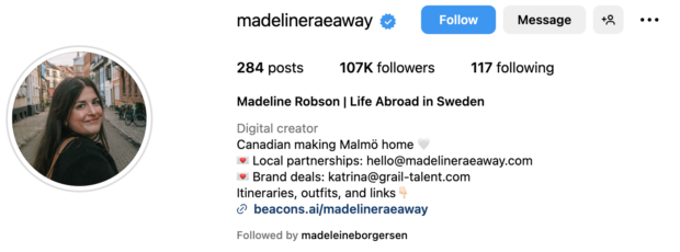 Madeline Robson Instagram-Seite Leben im Ausland in Schweden