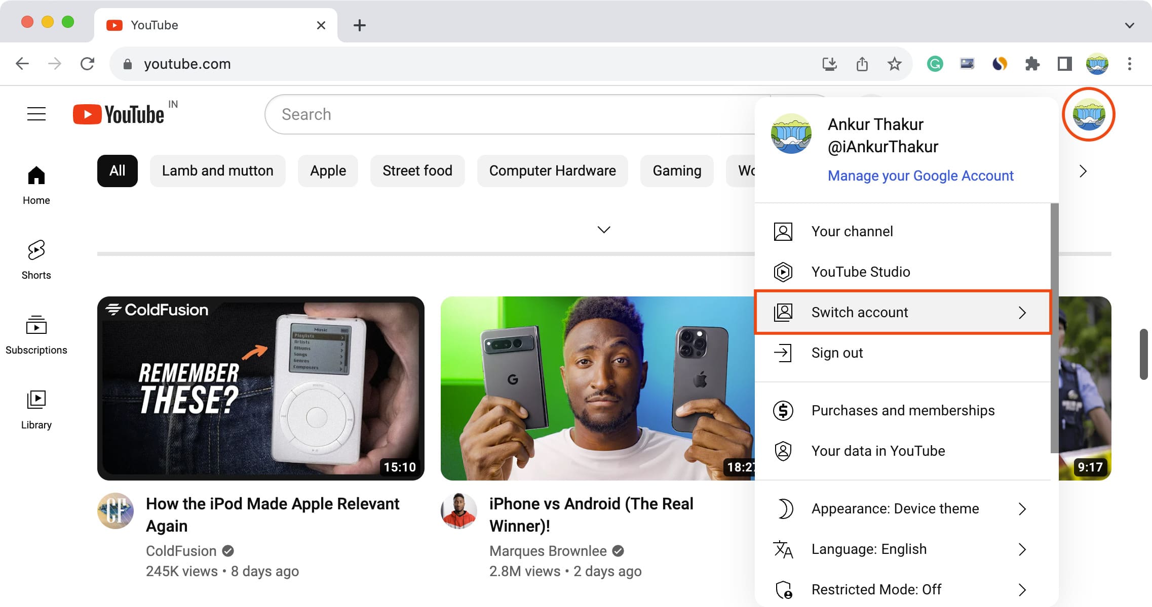 Wechseln Sie das Konto in YouTube im Web