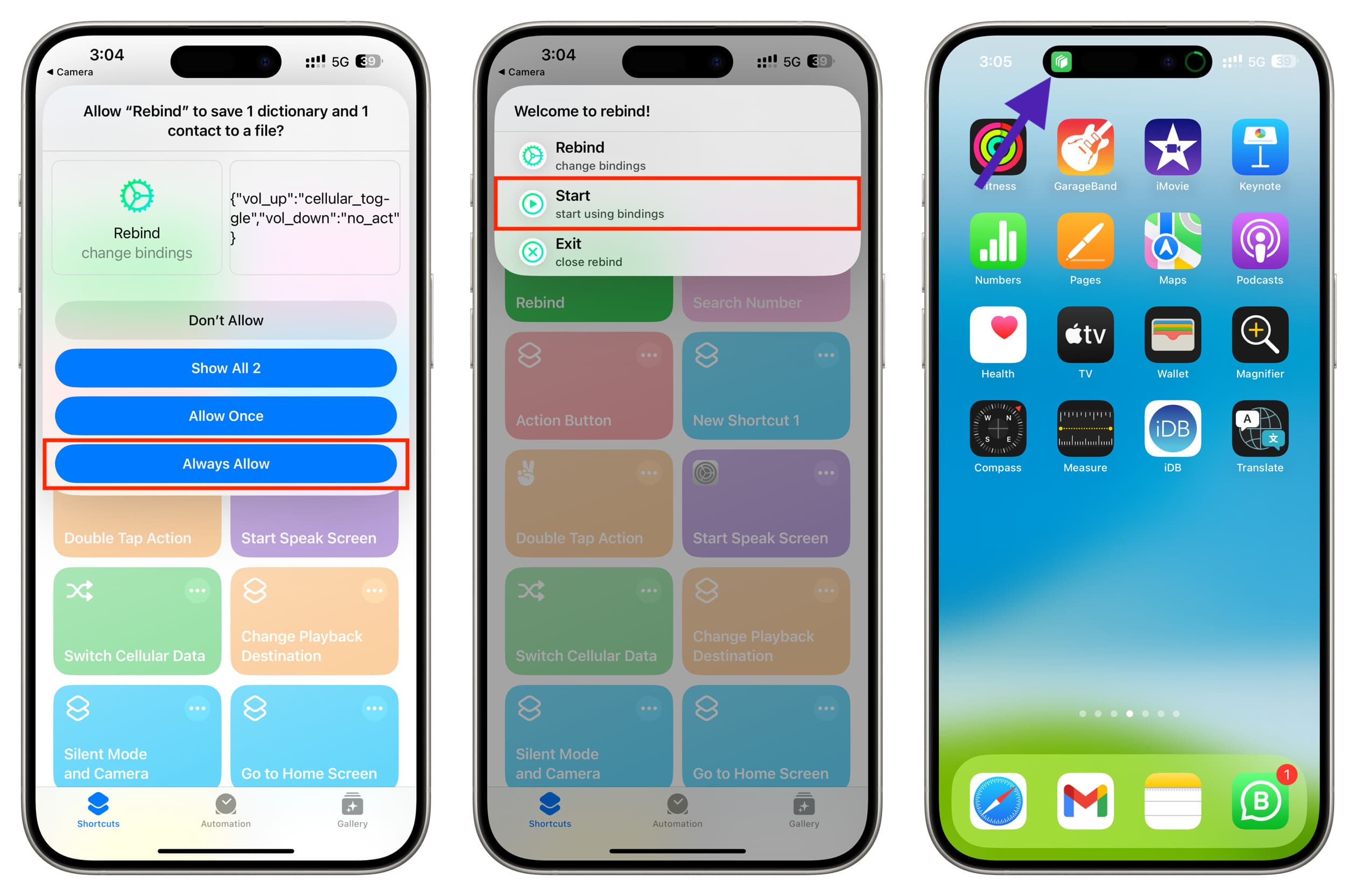 Verwenden Sie die Verknüpfung „Neu binden“, damit die Lautstärketaste wie die Aktionstaste funktioniert