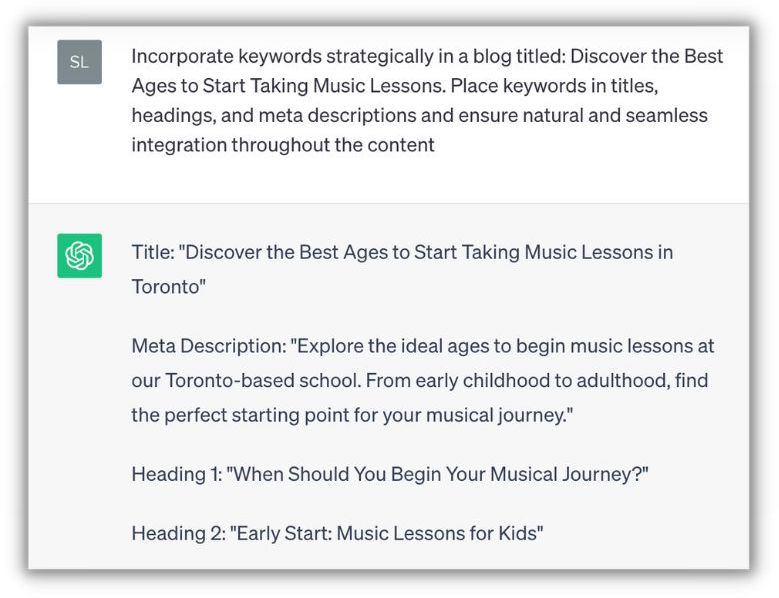Chatgpt-Eingabeaufforderung und -Antwortbeispiel für die Einbindung von Schlüsselwörtern für SEO