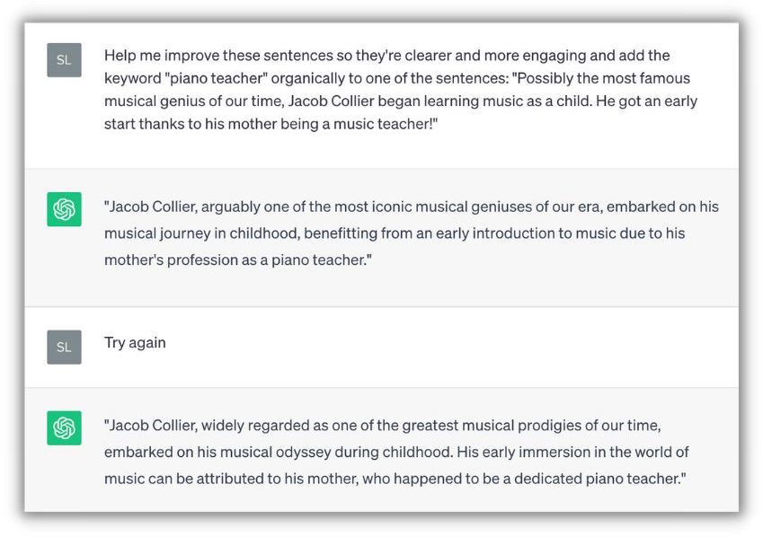 Beispiel für eine Chatgpt-Eingabeaufforderung und -Ausgabe zur Verbesserung des Satzes und zur Einbindung von Schlüsselwörtern