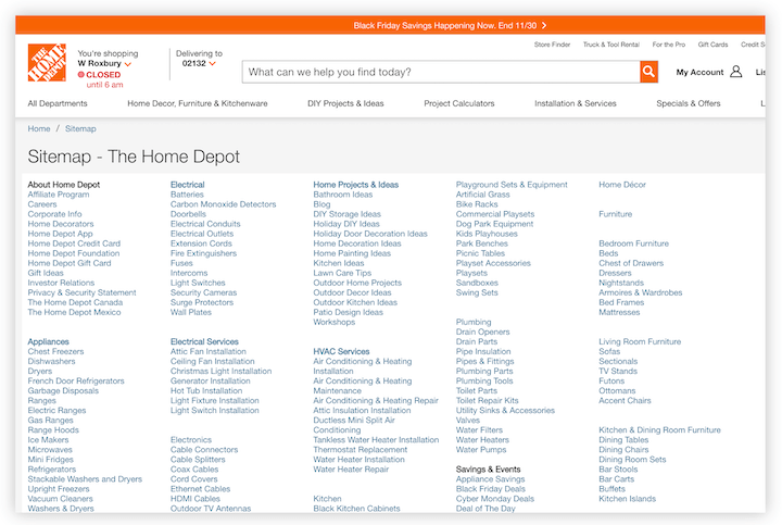 Beispiel für eine HTML-Sitemap von Home Depot