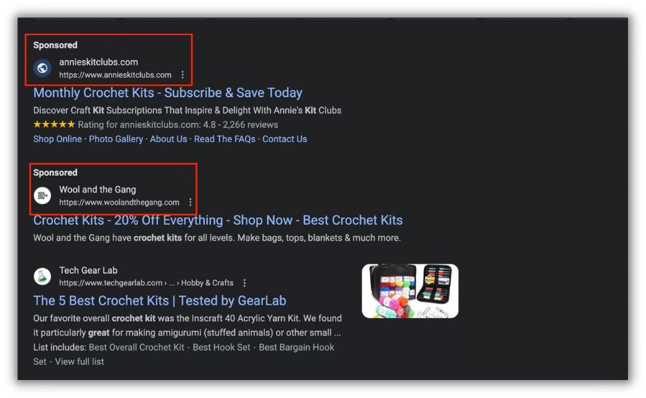 Bezahlte Anzeigen für beliebte Häkelset-Keywords zur Ausrichtung