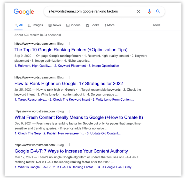 Beispiel einer Site-Suche bei Google