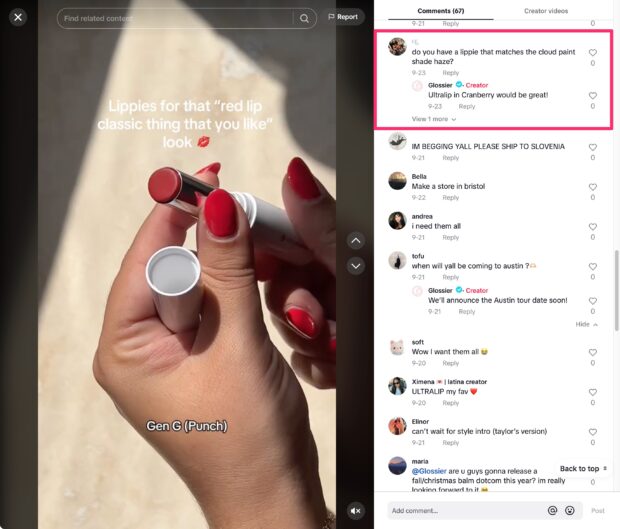 Glänzendere Antwort auf eine Frage zu Lippenstift auf TikTok