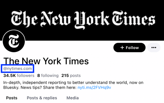 Das Bluesky-Konto der New York Times verfügt über ein benutzerdefiniertes Handle (@nytimes.com), das zu ihrer Domain passt