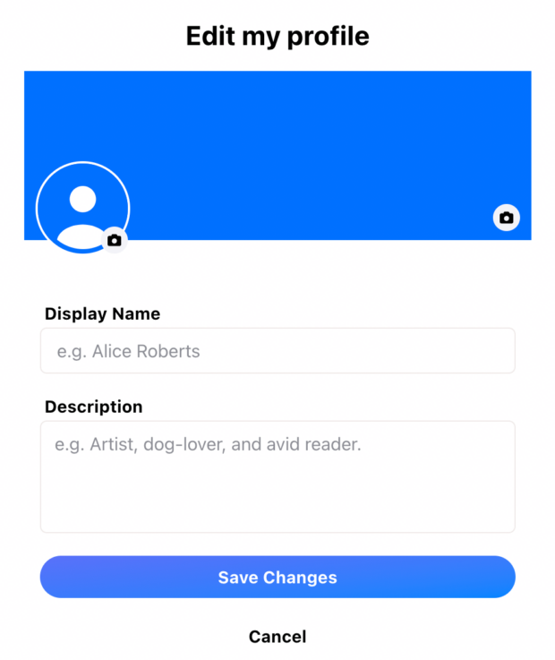 Beim Einrichten Ihres Bluesky-Profils werden Sie aufgefordert, ein Profil und ein Titelbild sowie Ihren Anzeigenamen und Ihre Beschreibung/Biografie festzulegen