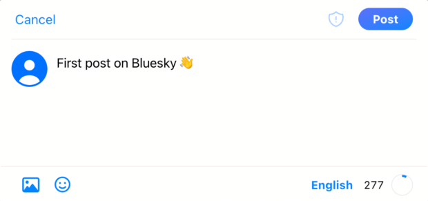 Das Erstellen eines Beitrags auf Bluesky sieht ähnlich aus wie auf Twitter oder einer anderen textbasierten App: Es gibt ein Fenster zum Verfassen mit einem Zähler, der anzeigt, wie viele Zeichen noch übrig sind, und Optionen zum Hinzufügen von Emojis oder Bildern