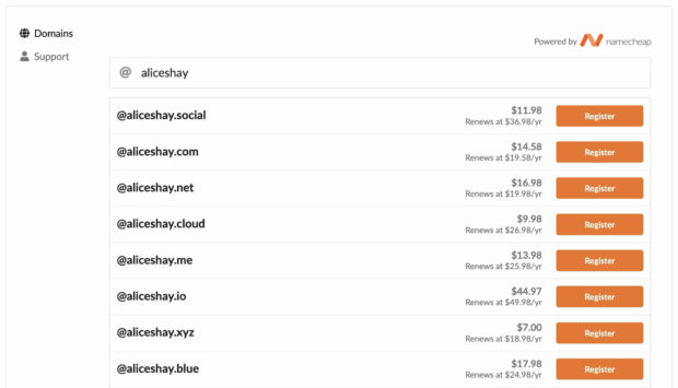Der Bildschirm zeigt die Partnerschaft zwischen Bluesky und Namecheap, die eine Vielzahl verfügbarer Domains basierend auf Ihrem bluesky-Benutzernamen anzeigt