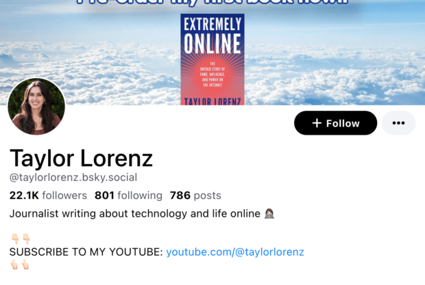 Der Bluesky-Account des Internetjournalisten Taylor Lorenz hat über 22.000 Follower