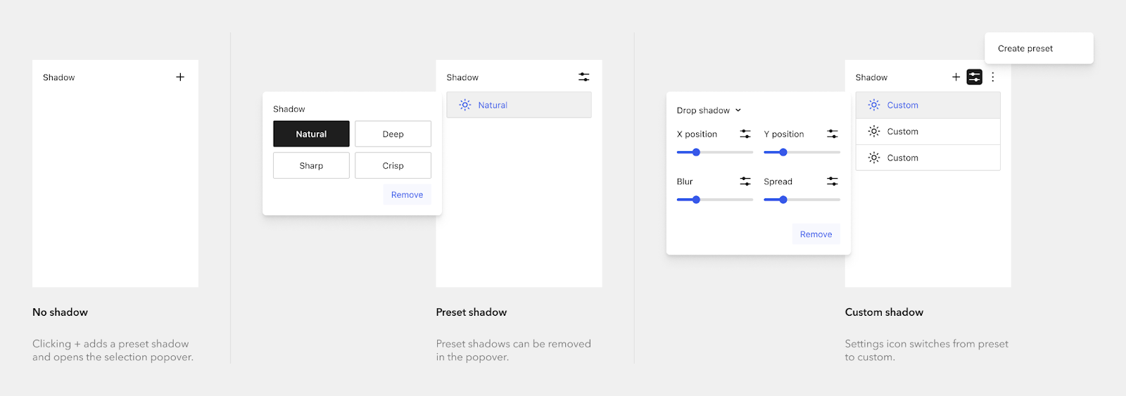 WordPress 6.4 frühe Design-Iteration der Box-Shadow-Komponente