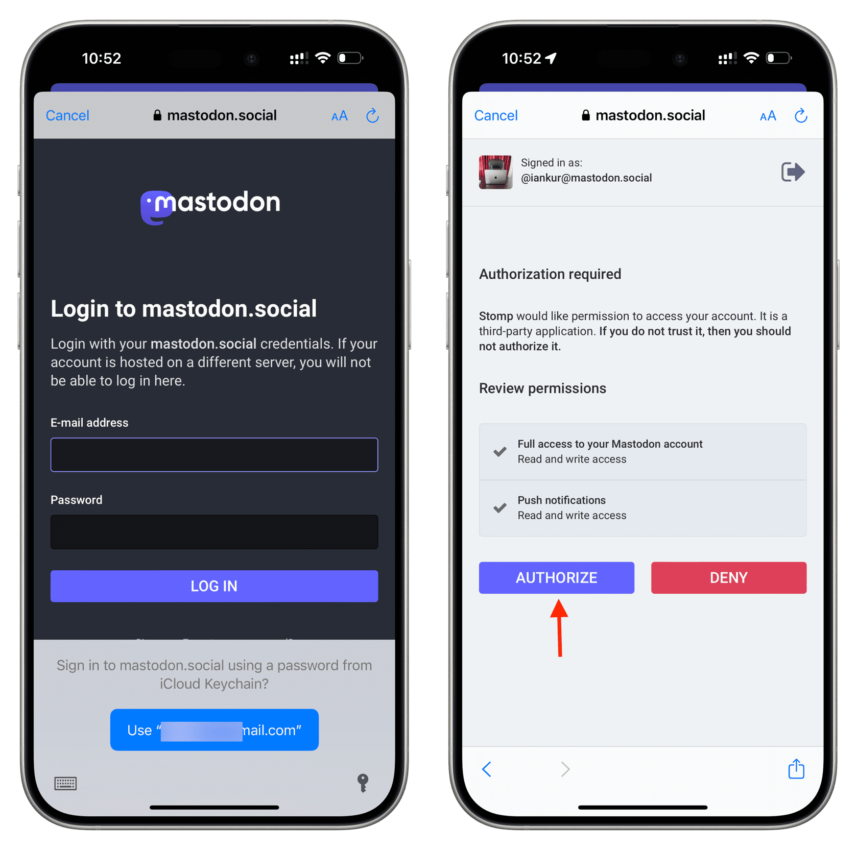 Autorisieren Sie die Stomp-App für den Zugriff auf Ihr Mastodon-Konto auf dem iPhone