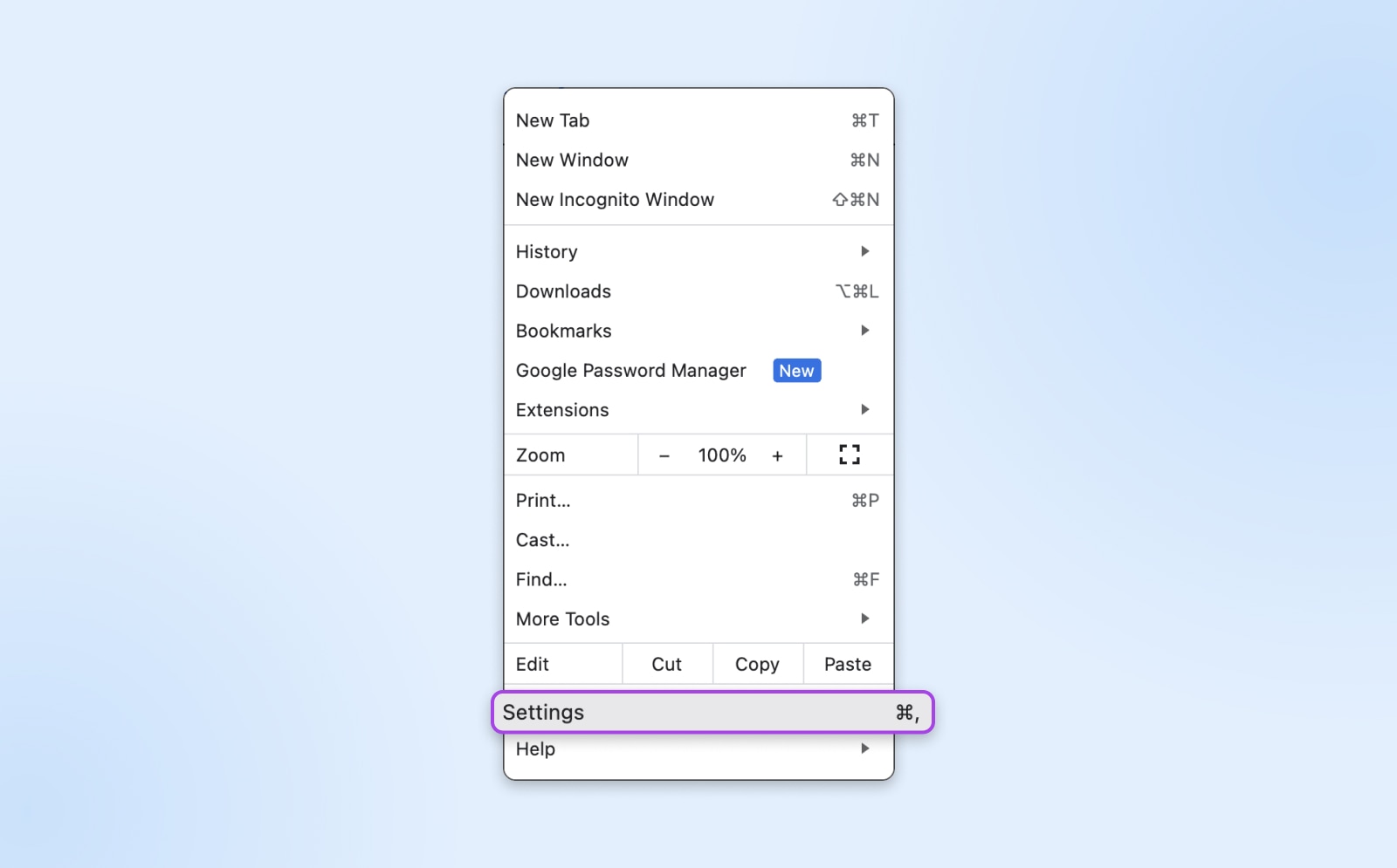 Nahaufnahme der Chrome-Menünavigation mit hervorgehobener Option „Einstellungen“.