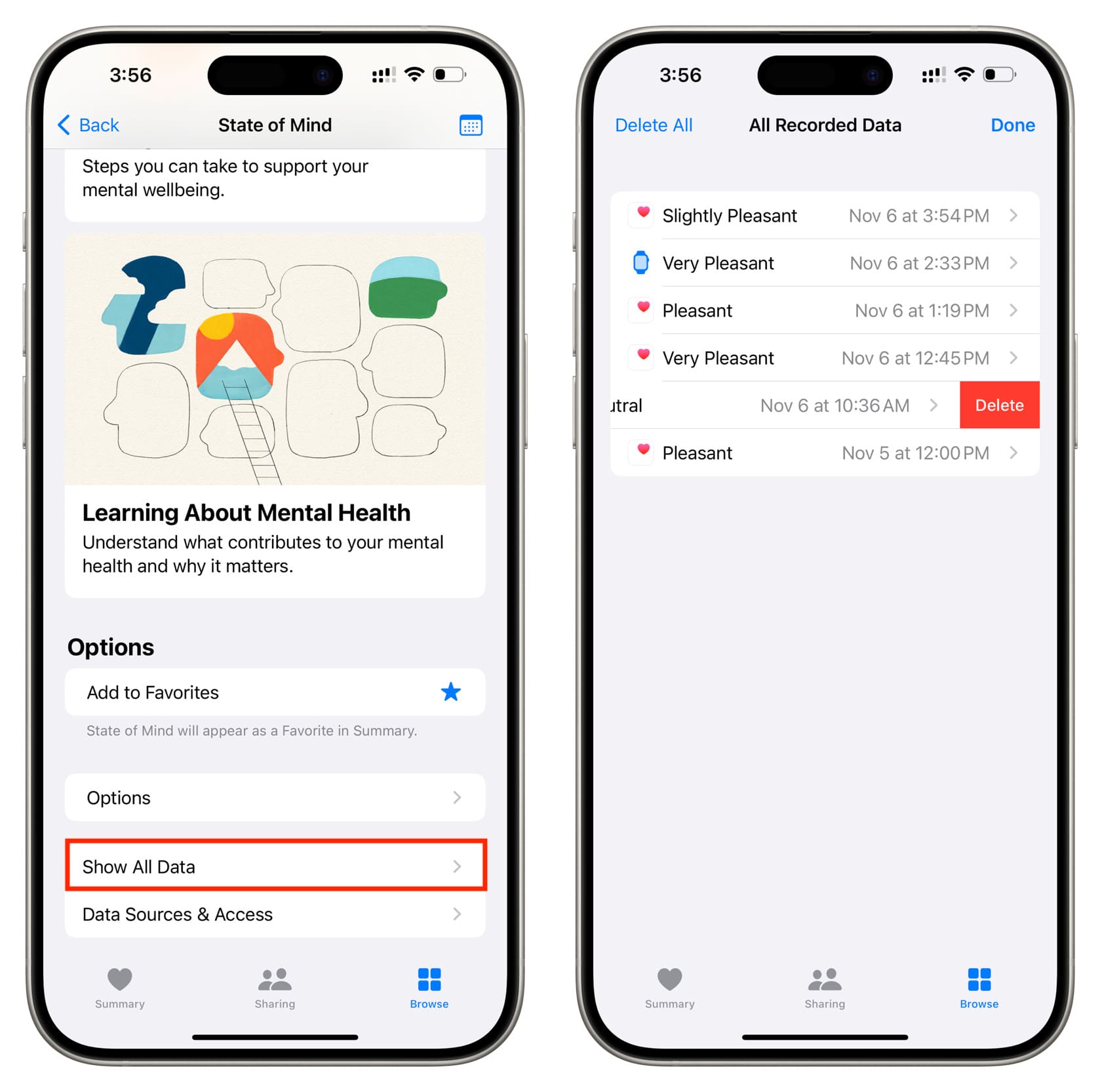 Löschen Sie aufgezeichnete Daten zur psychischen Gesundheit vom iPhone