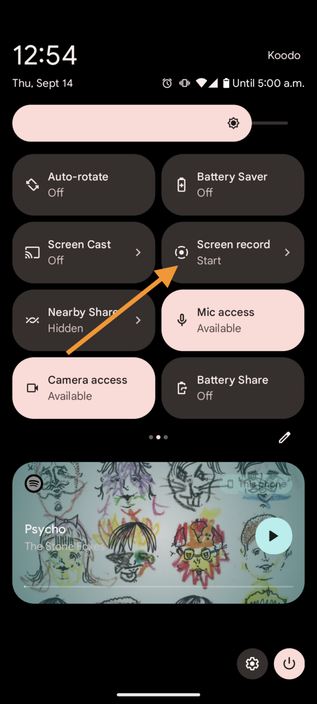 Schaltfläche zum Aufzeichnen des Bildschirms „Schnelleinstellungen“.