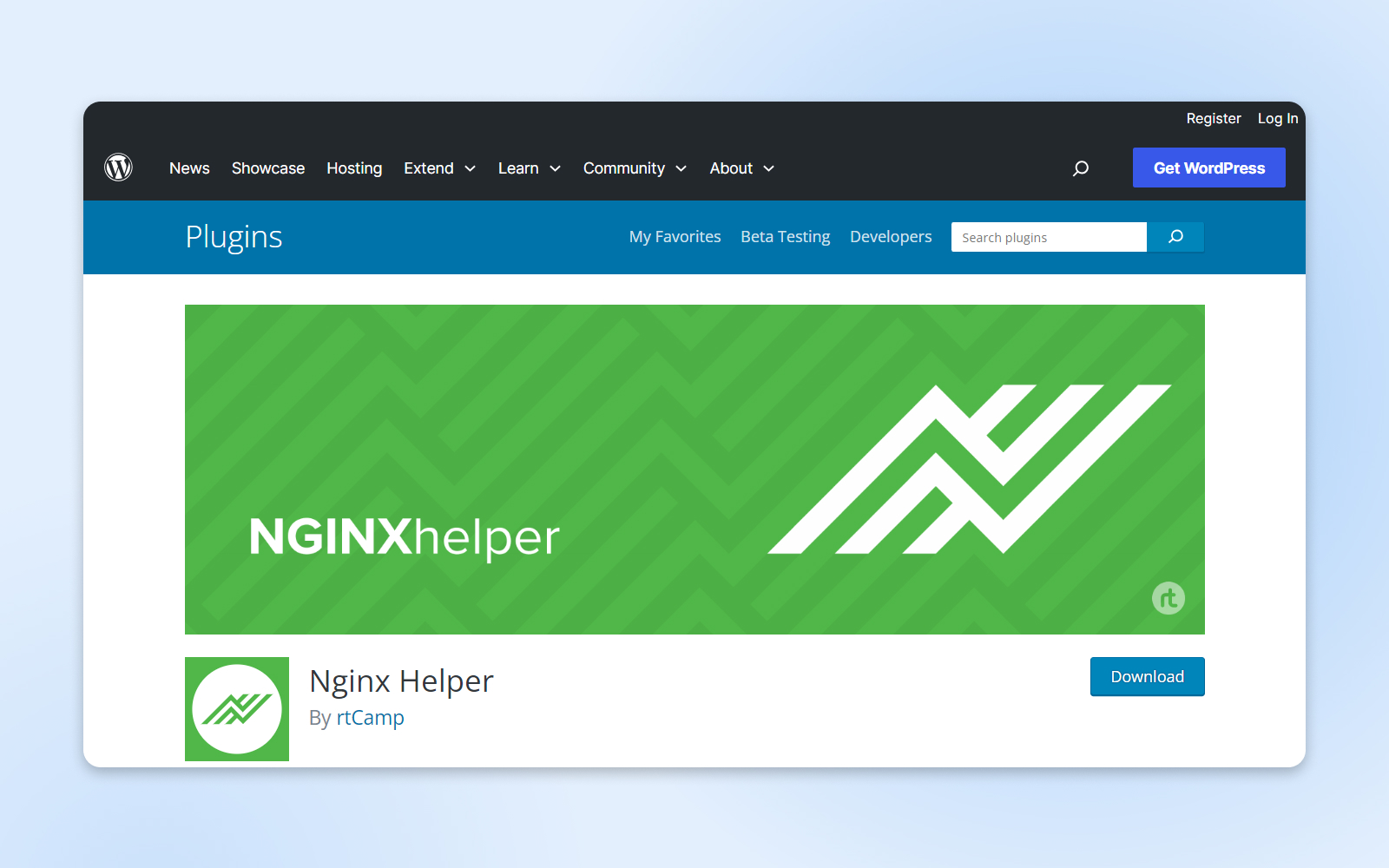 Screenshot der NGINXhelper-Plugin-Downloadseite auf WordPress