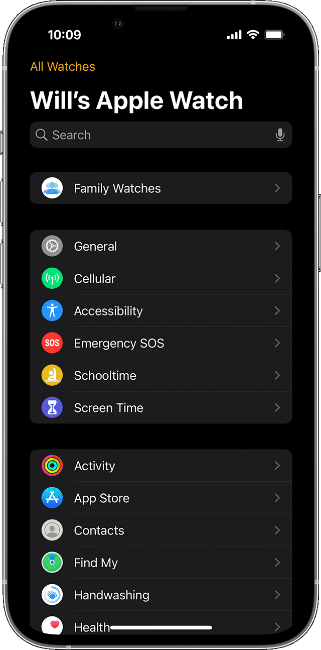 Bereich „Familienuhren“ auf dem iPhone