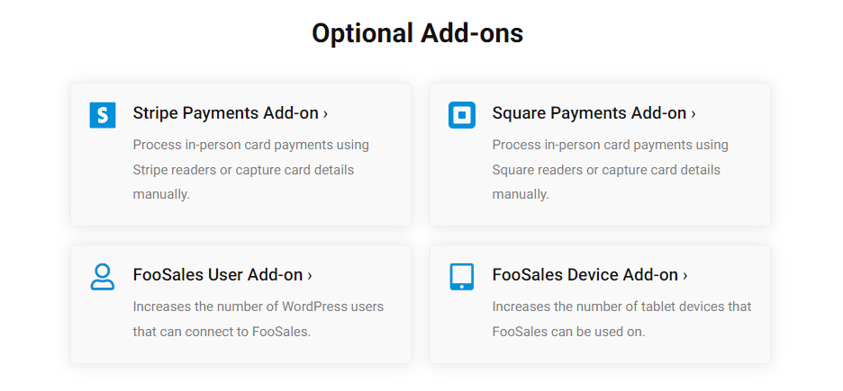 Screenshot der von FooSales angebotenen Add-ons