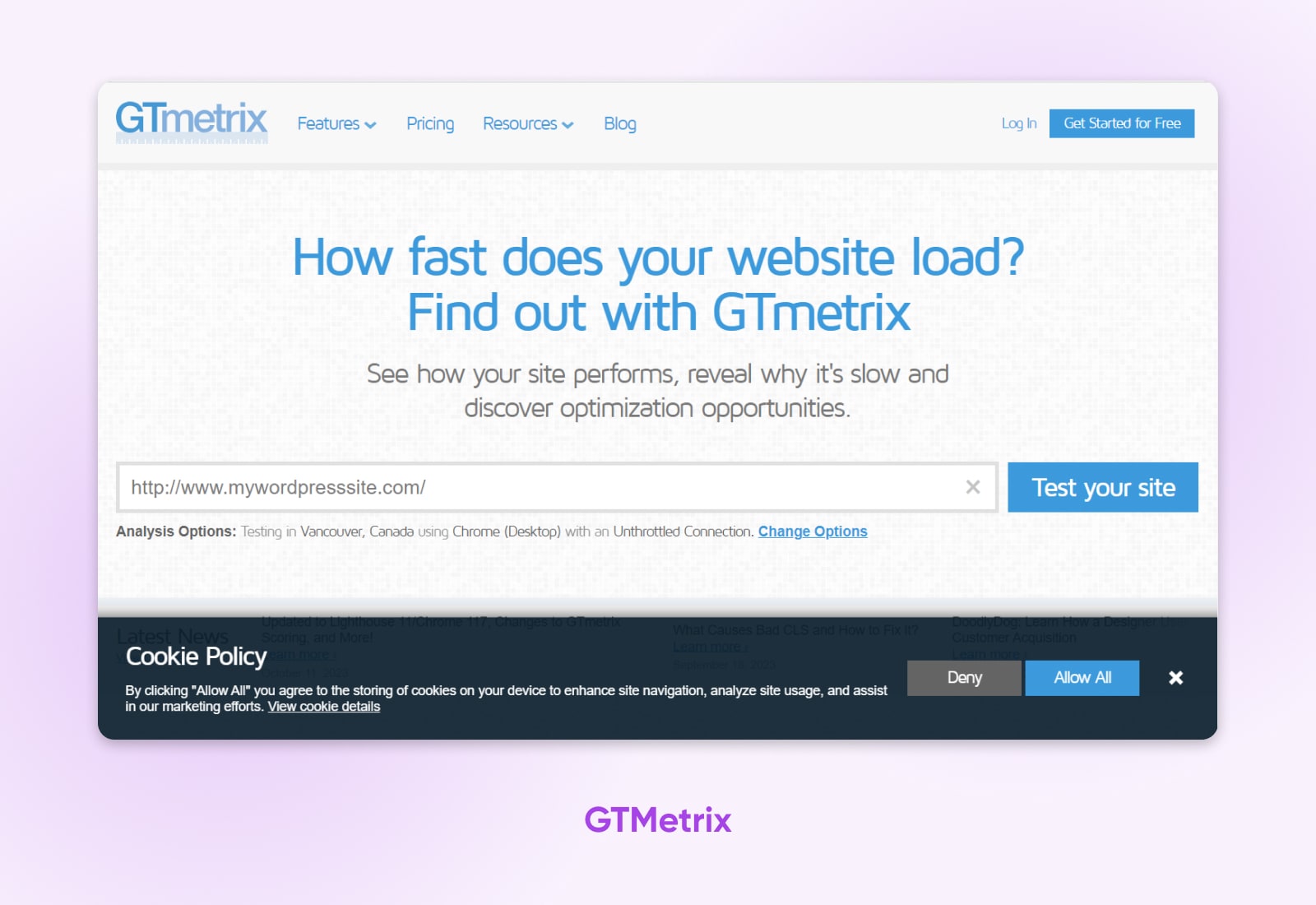 Screenshot der GTmetrix-Homepage