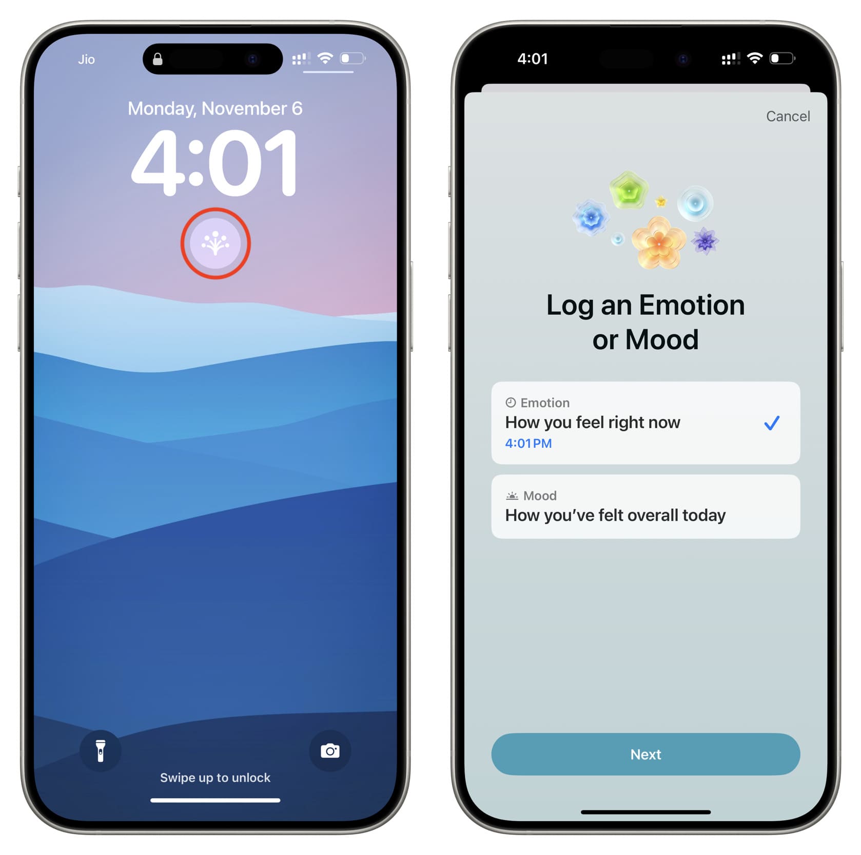 Protokollieren Sie über den iPhone-Sperrbildschirm, wie Sie sich gerade oder heute fühlen