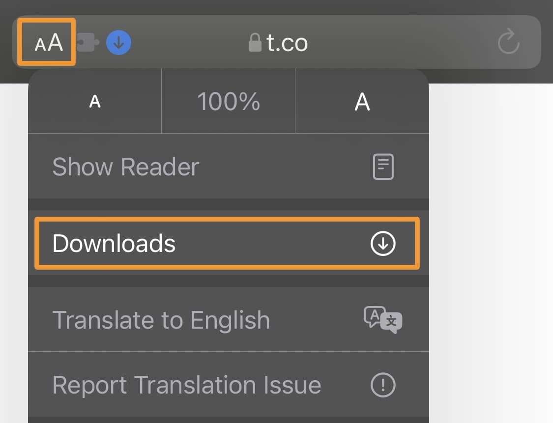 Safari AA-Schaltfläche und Downloads.