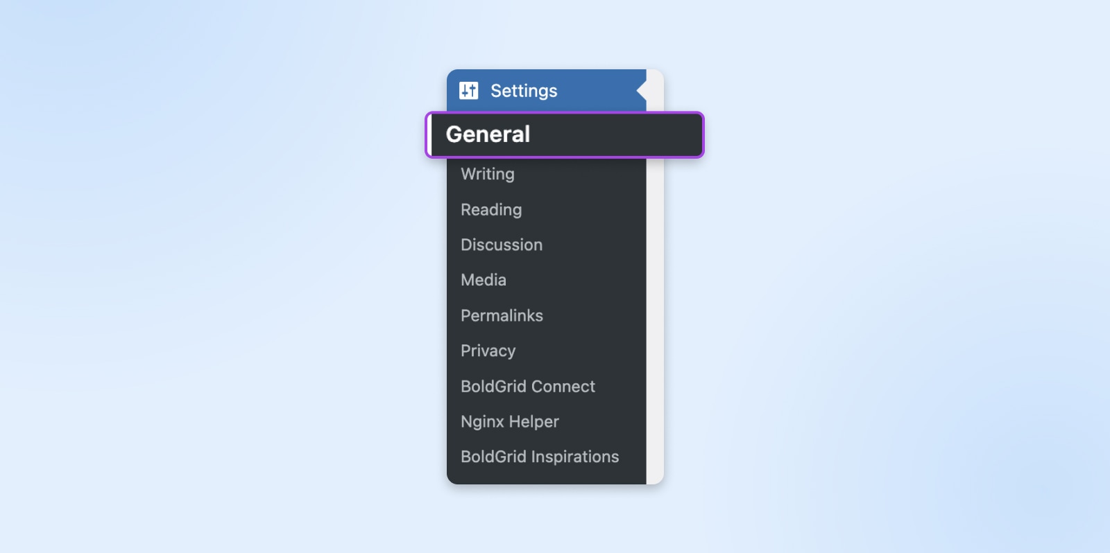 Nahaufnahme des linken WordPress-Navigationsgeräts mit dem