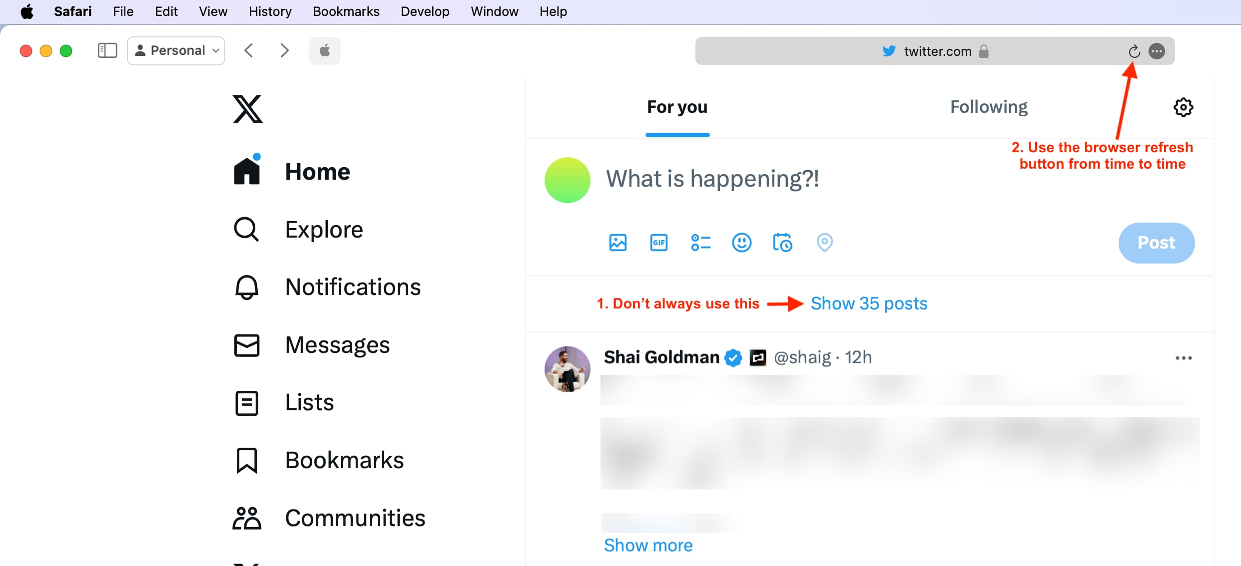 Zeigen Sie neue Beiträge an und aktualisieren Sie Twitter in Safari