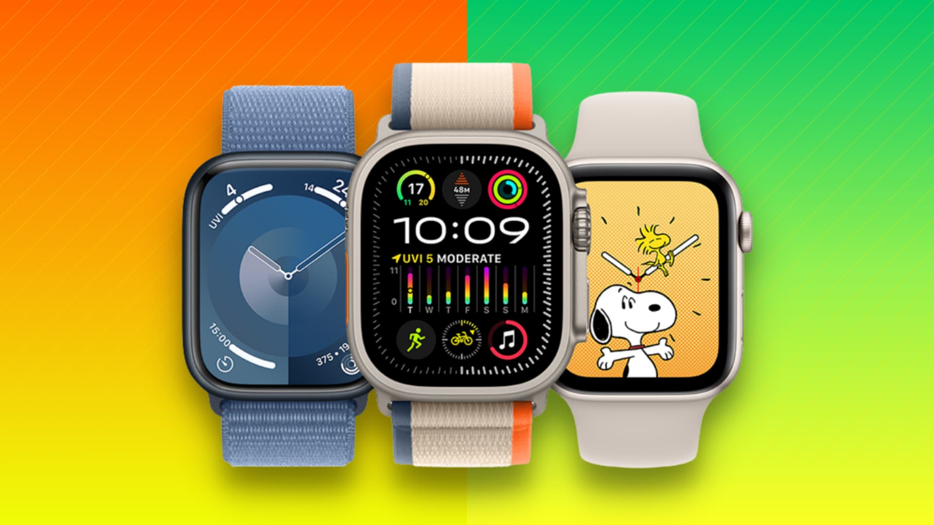 Apple Watch Ultra 2, Series 9 und SE 2 zusammen auf einem roten und grünen Hintergrund