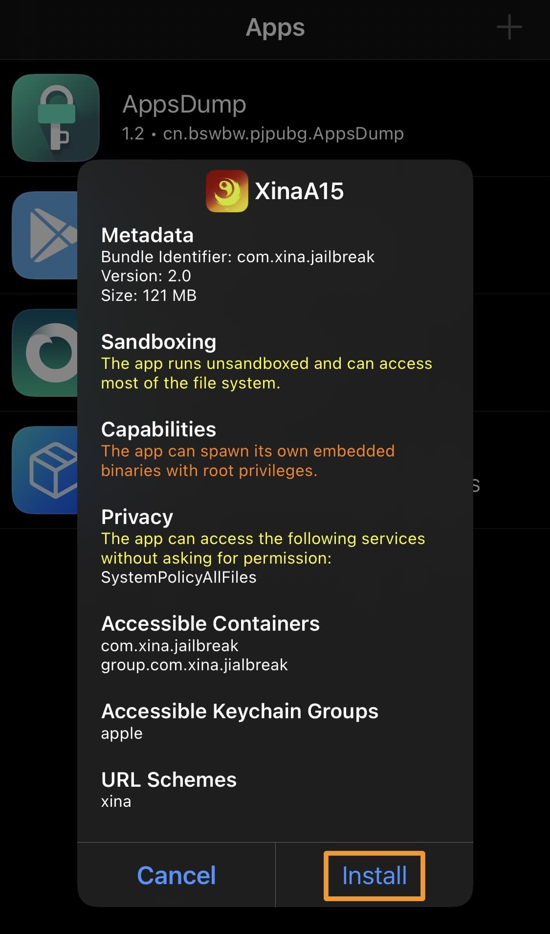 Schaltfläche „Installieren“ für XinaA15 v2 im TrollStore.