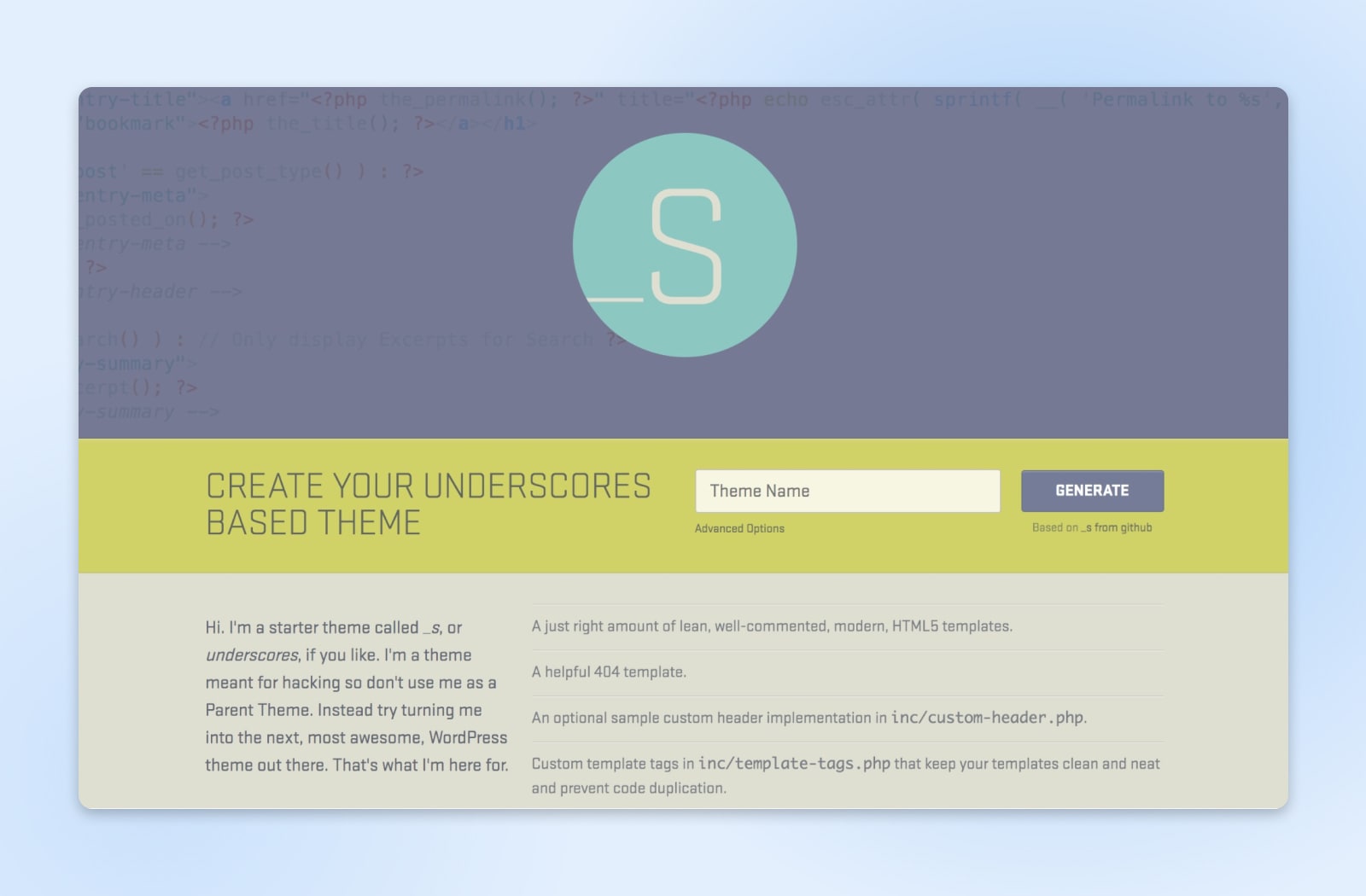 Screenshot der anfänglichen Deklaration des Underscores-Themas 