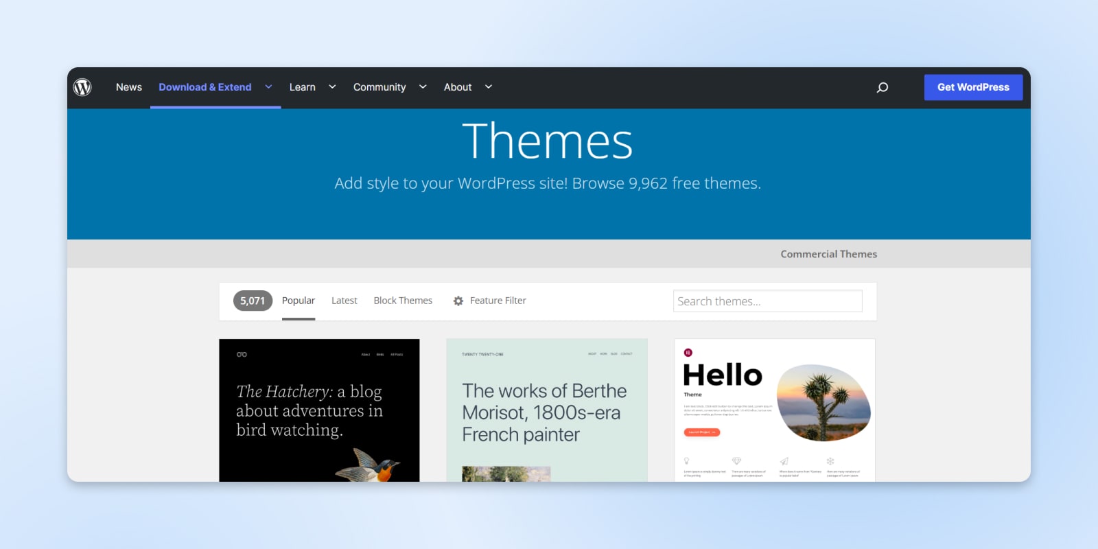 Screenshot der Hauptansicht des WordPress-Themes mit drei angezeigten Theme-Optionen 
