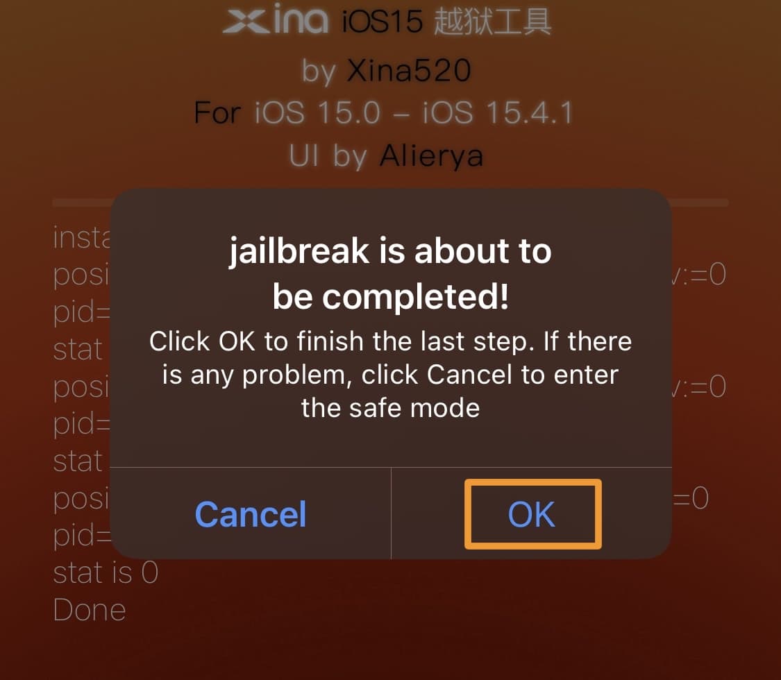 Schaltfläche „OK“, nachdem der XinaA15 v2-Jailbreak abgeschlossen ist.