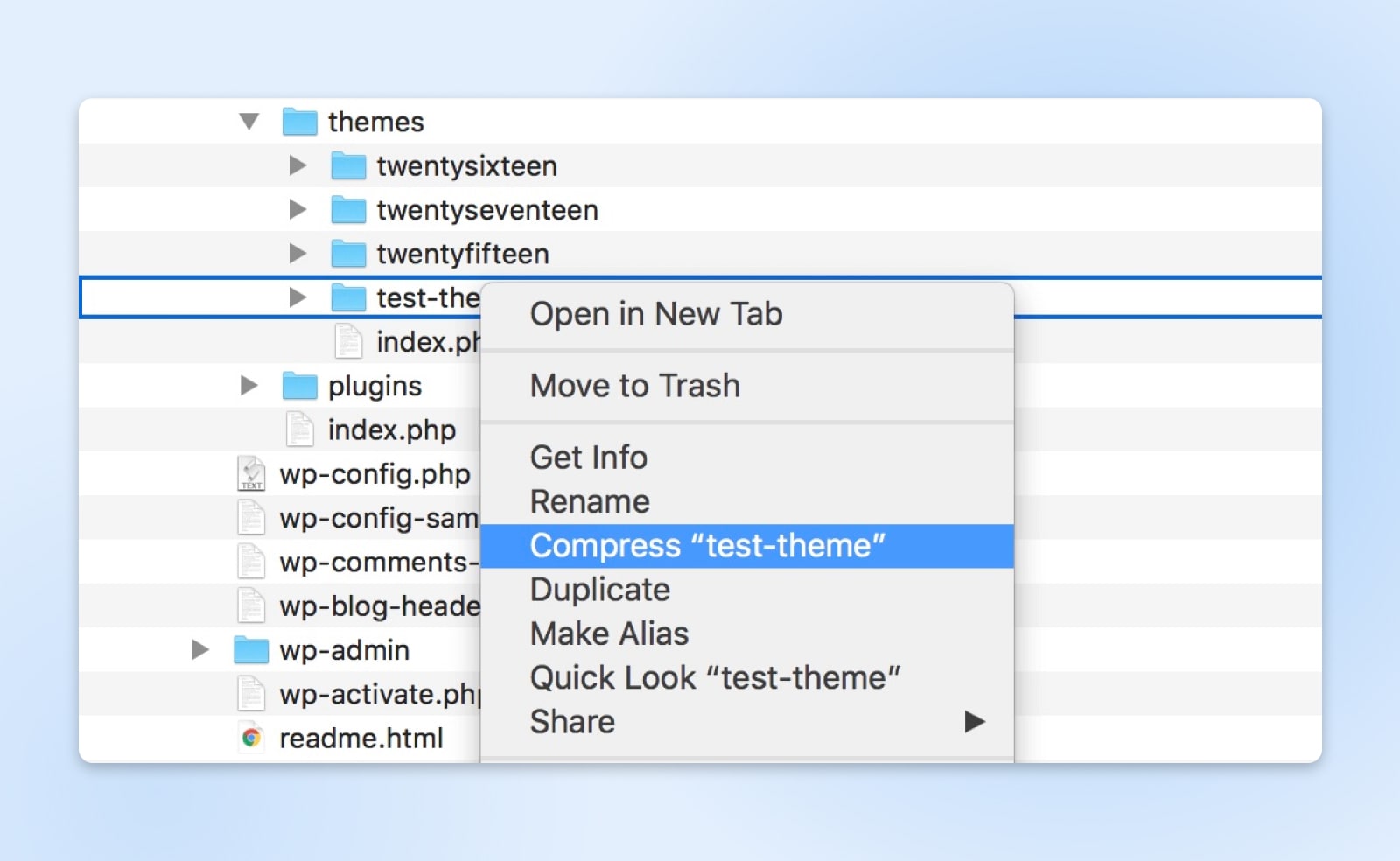 Komprimieren eines benutzerdefinierten WordPress-Themes zur Vorbereitung des Uploads