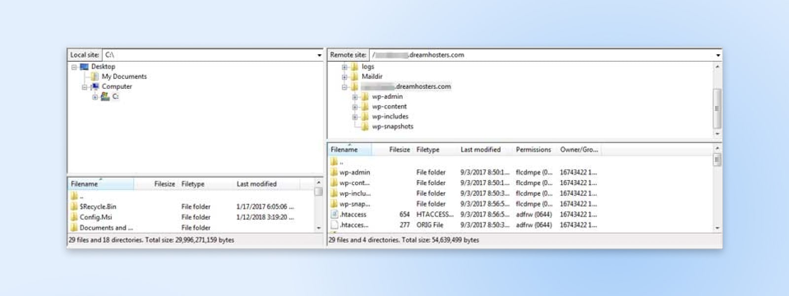 Screenshot, der zeigt, wie Sie über SFTP oder FTP auf Ihre WordPress-Dateien zugreifen.