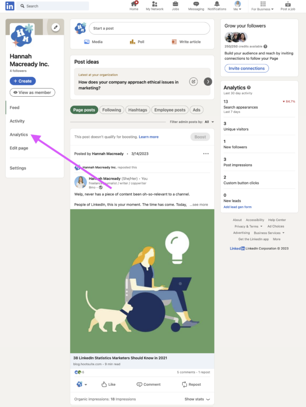 Linkedin Analytics-Schaltfläche wird auf der Unternehmensseite angezeigt
