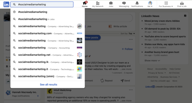 LinkedIn-Suche nach dem Hashtag #socialmediamarketing