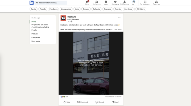 Liste der leistungsstärksten Beiträge für LinkedIn-Hashtag #socialmediamarketing, die Hootsuite als Ergebnis Nummer eins zeigt