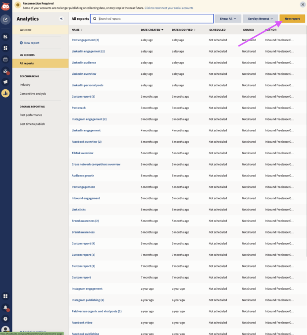 Pfeil, der auf die Schaltfläche „Neuer Bericht“ im Linkedin-Analysemenü zeigt