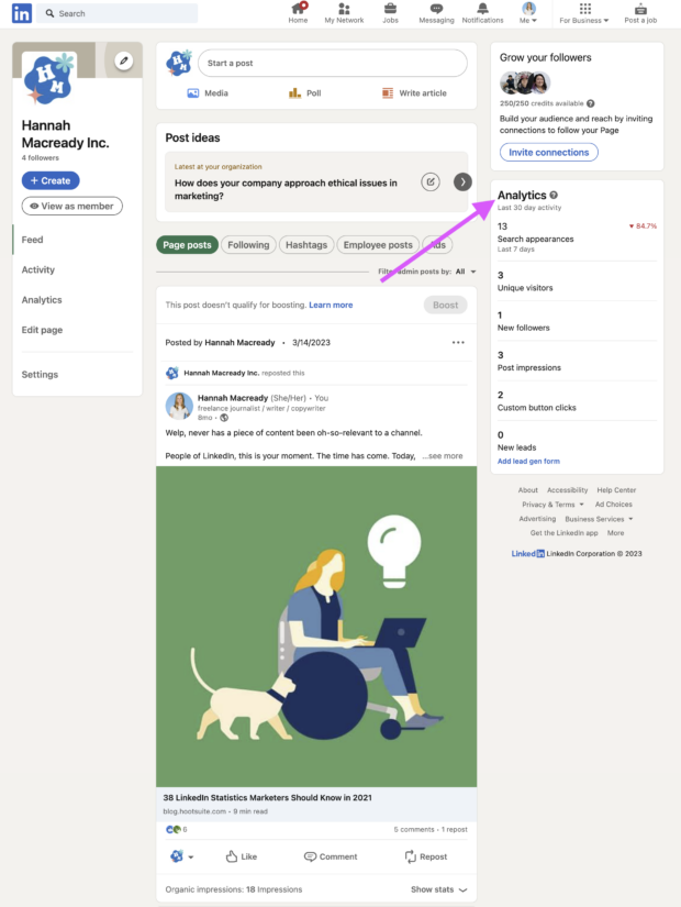 Linkedin Analytics-Snapshot wird auf der rechten Seite der Unternehmensseite angezeigt