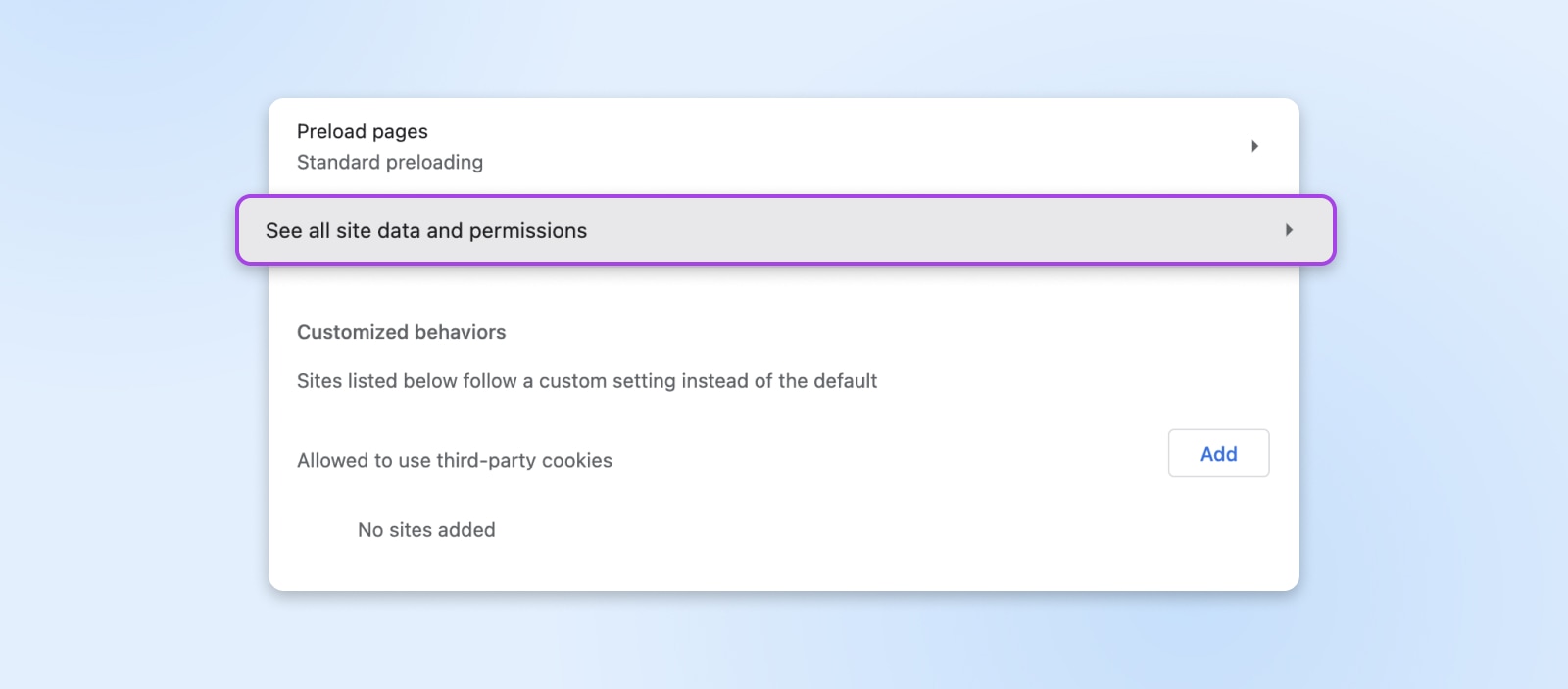 Nahaufnahme der Cookie-Optionen im Menü von Drittanbietern, um auf die Option aufmerksam zu machen