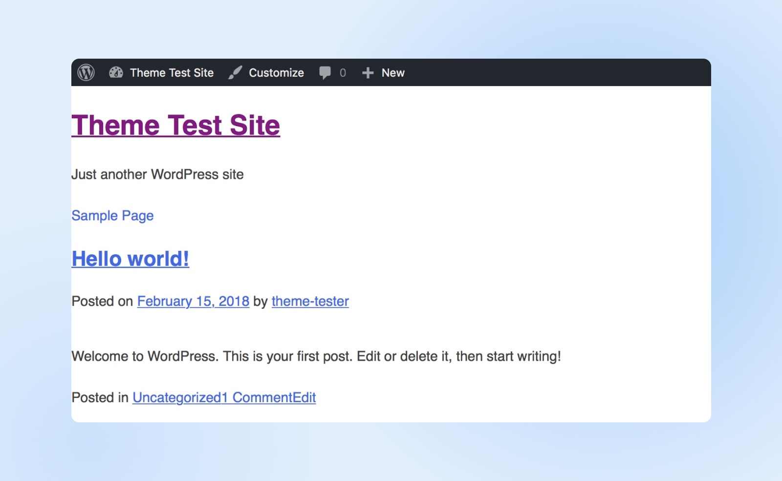 Theme-Test-Site mit blauen Hyperlinks auf der Seite, einschließlich „Hello Word“ und „Theme-Tester“ 