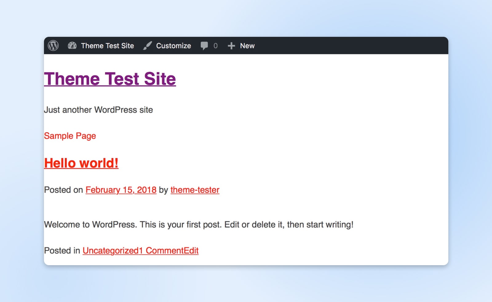 Dieselbe Theme-Test-Site zeigt jetzt die Hyperlinks „Hello World“ und „Theme-Tester“ in Rot an 